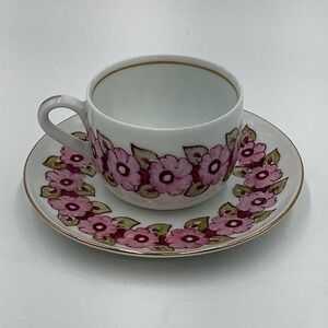 Vintage Small Floral Teacup and Saucer Set Pink‎ Flowers Gold Rim